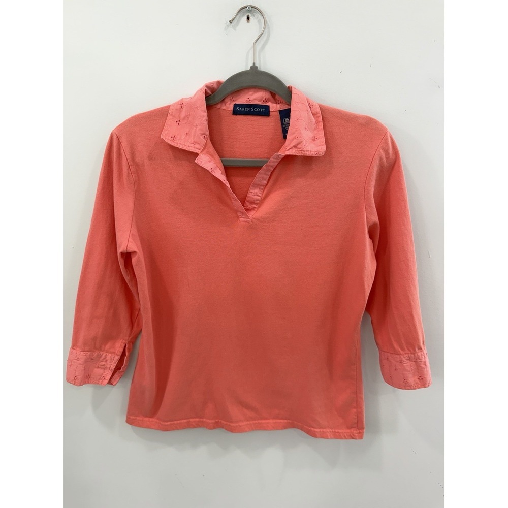 Karen Scott Coral 3/4 Sleeve Cotton Polo Top Eyelet Trim Small